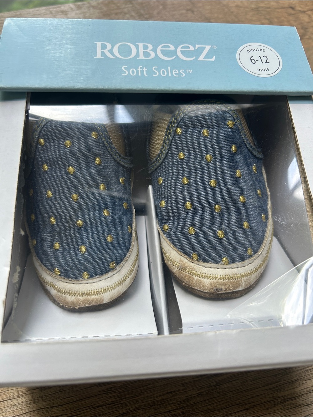 Robeez Blue Denim Slip-On Baby Shoes with Gold Dots
